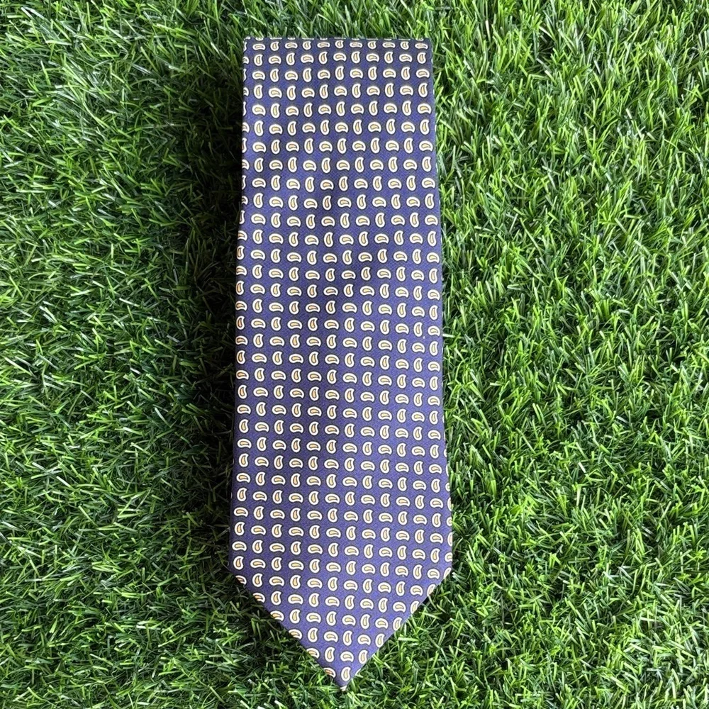 POLO RALPH LAUREN Luxury Designer Navy Blue & Yellow Silk Necktie Professional